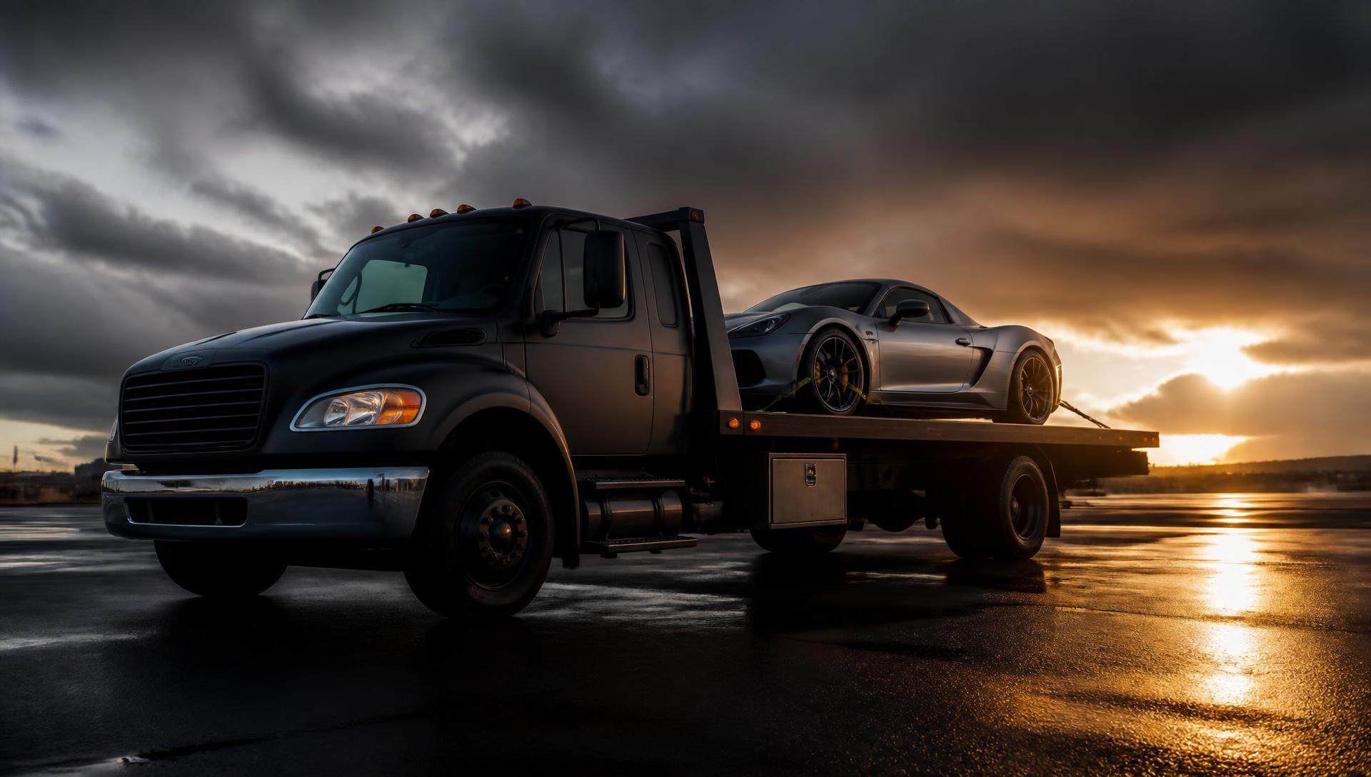 Black flatbed tow truck at dusk with a silver sports car secured on the deck